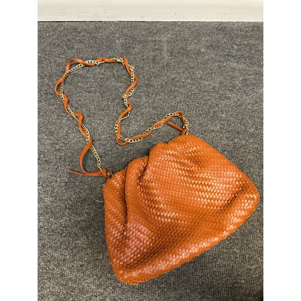Anthropologie Frankie Clutch Tan Brwn Woven Faux Leather Gold Chain Shoulder Bag